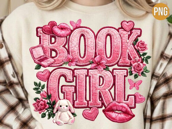 Book Girl Pink Embroidery Patch PNG: A Delightful Design for Real Projects